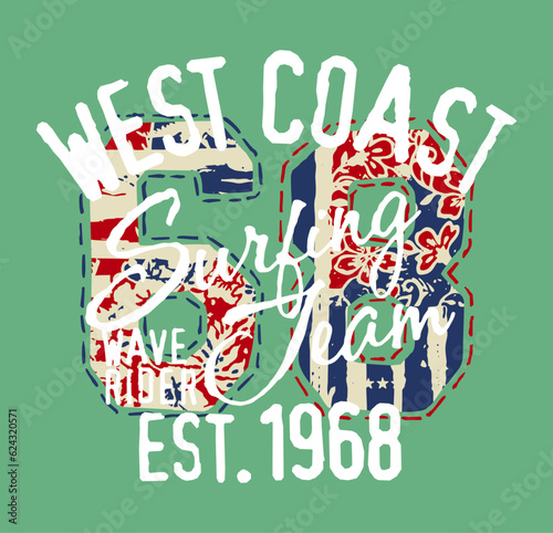 West Coast wave rider surfing team grunge vintage vector print for kids boy wear summer t shirt