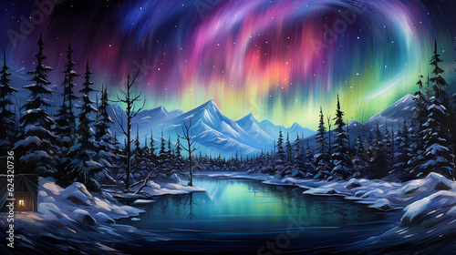 Aurora Borealis Showcase, the captivating beauty of the Northern Lights, painting the sky with a stunning array of colors and dancing lights. AI generative © SK