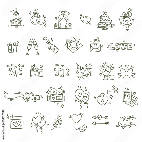 A large set of sketches of wedding icons. A minimalistic set of thin linear web icons made by hand. Vector contour wedding elements on a white. Timing for printing on invitations. designations