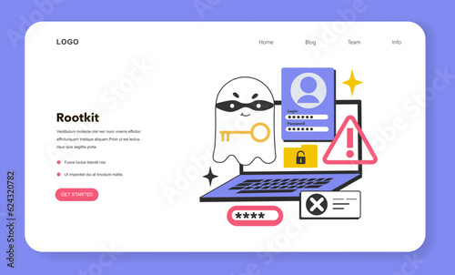 Rootkit web banner or landing page. Computer program hiding malicious