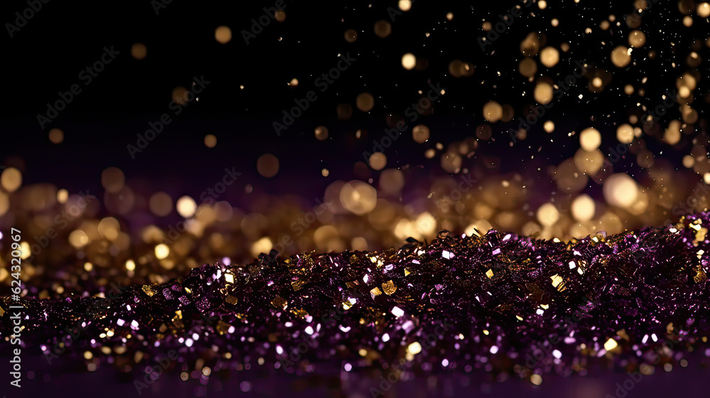 Sprinkle gold  purple dust on a black background in the dark,Sparkling purple  glitter powder on black background,christmas background,Sprinkle dust purple   light Christmas and happy new year.