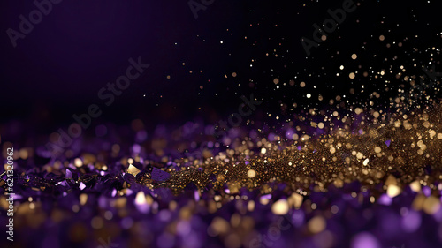 Sprinkle gold  purple dust on a black background in the dark,Sparkling purple  glitter powder on black background,christmas background,Sprinkle dust purple   light Christmas and happy new year.