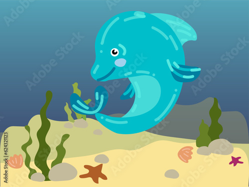 Illustration of a cartoon dolphin under water. Underwater world with a funny dolphin. A dolphin in its habitual habitat. Children s illustration  printing for children s books