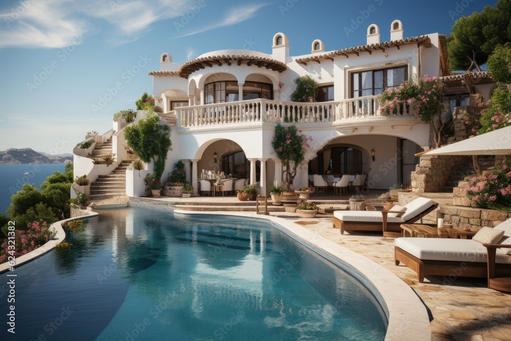 Traditional Mediterranean white house with pool on a hill with stunning sea view. Summer vacation background. Generative AI.