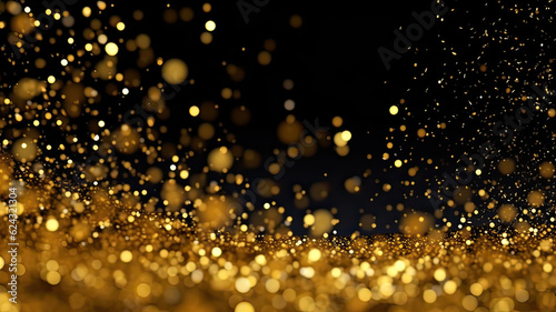 Sprinkle gold dust on a black background in the dark,Sparkling gold glitter powder on black background,christmas background,Sprinkle dust golden light Christmas and happy new year.