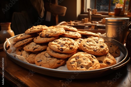 Chocolate chip cookies on a tray. Generative AI.