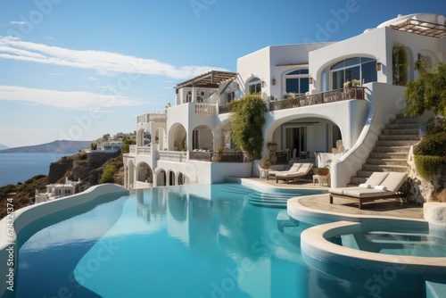 Traditional Mediterranean white house with pool on a hill with stunning sea view. Summer vacation background. Generative AI.