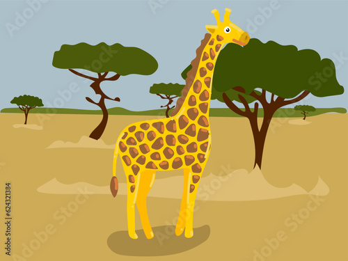 Illustration of a cartoon giraffe in the safari  desert. Savannah with a funny giraffe. Giraffe in his usual place of residence. Children s illustration  printing for children s books