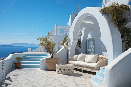 Fototapeta Naklejka Na Ścianę i Meble -  Traditional Mediterranean white house with sea view. Generative AI.