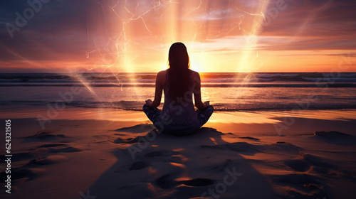 Space girl woman meditating at sunset on the seashore new quality universal colorful technology image illustration design, generative ai © Taisiia
