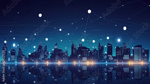 Illustration of city skyline with network connection lines, tech concept.