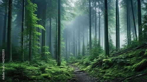 Tall trees in the forest in the mountains covered with the fog