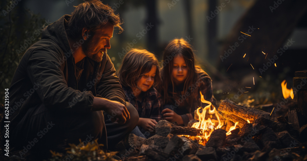 Father with children sitting  near the fire in the forest and looking on it. Portrait of a family sitting  near the campfire in the forest. Camping and wild travelling concept.