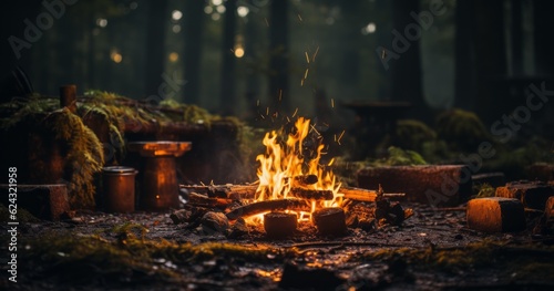 Bonfire in the forest at morning twilight. Campfire in the forest at forest. Camping concept. Shallow depth of field. Low angle view to Burning firewood in the forest at dusk. No people.