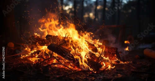 Bonfire in the forest at morning twilight. Campfire in the forest at sunrise. Camping concept. Shallow depth of field. Low angle view to Burning firewood in the forest at dusk. No people.