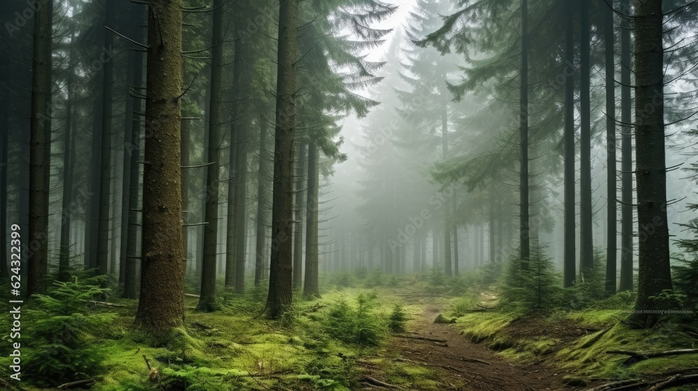 Fototapeta premium Tall trees in the forest in the mountains covered with the fog