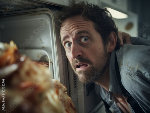 Expressing disgust and revulsion at the sight of rotting food in a neglected refrigerator