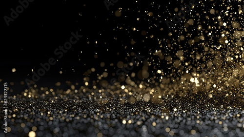 Sprinkle gold black dust on a black background in the dark,Sparkling black glitter powder on black background,christmas background,Sprinkle dust black light Christmas and happy new year.