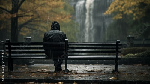 A lone figure lost in the rain in a deserted park photo