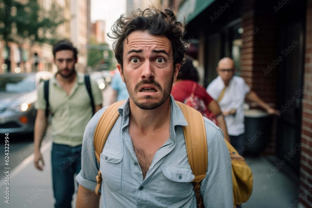 Fototapeta premium Close-up photo captures passerby's offensive reaction to littering on crowded city sidewalk