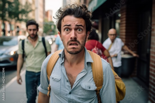 Close-up photo captures passerby's offensive reaction to littering on crowded city sidewalk photo