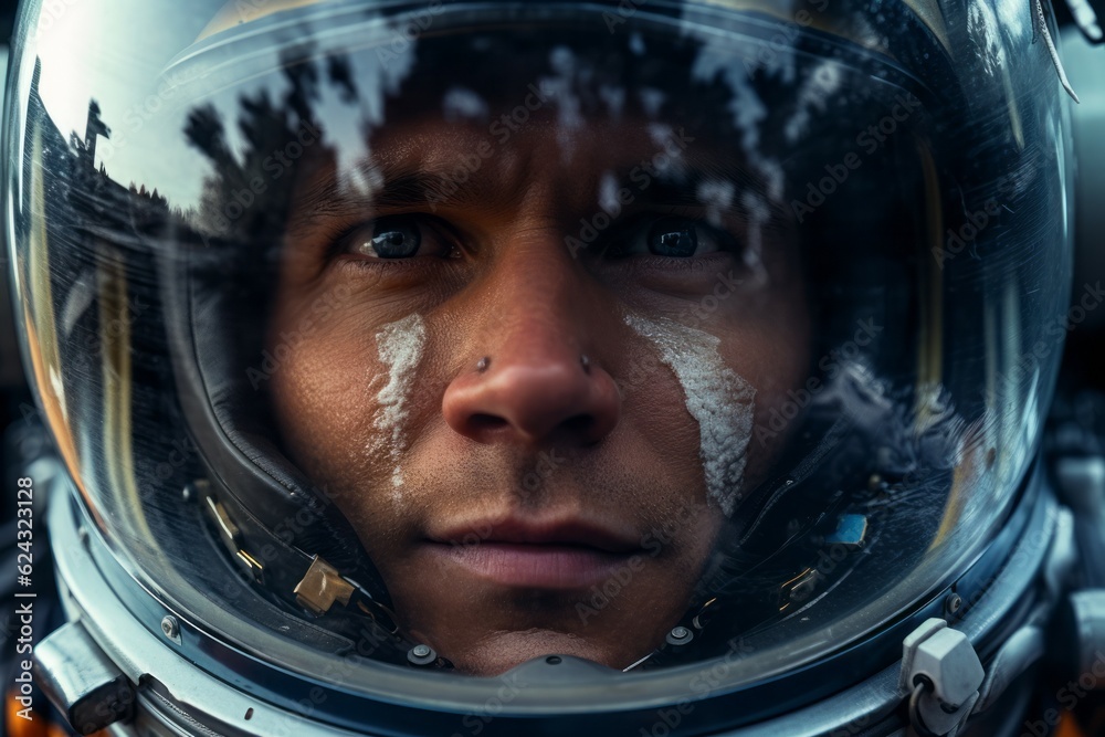 Astronaut's fear reflected in helmet as alien spaceship nears