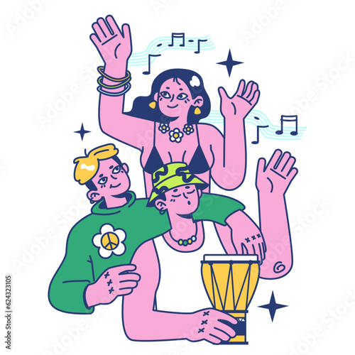 Retreat activity. Young people in beachwear dancing on a beach party