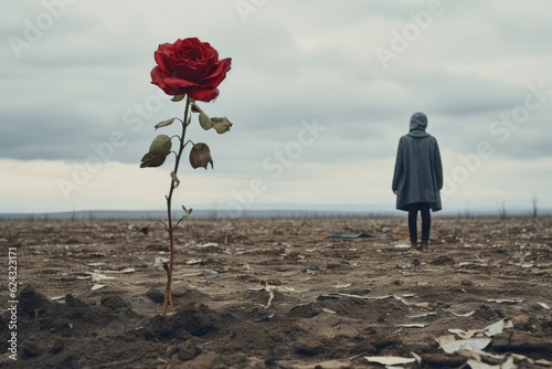 A forlorn individual gazing at a dying flower beneath a gloomy sky