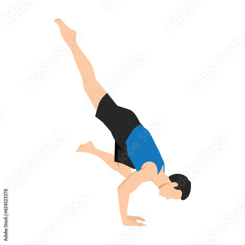 Man doing Flying crow pose. Flat vector illustration isolated on white background. 