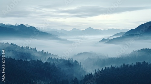 Tall trees in the forest in the mountains covered with the fog