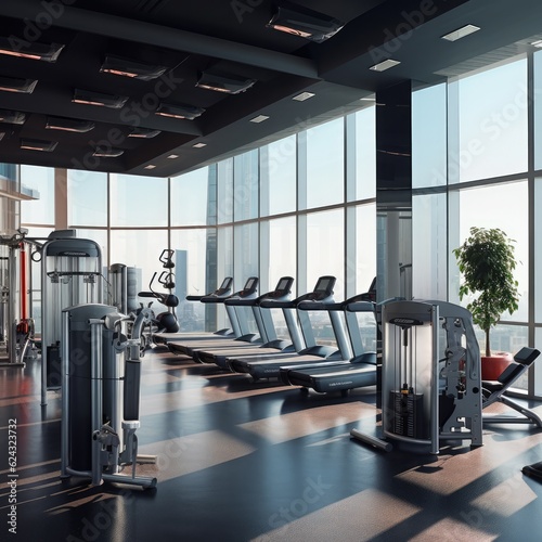Contemporary spotless fitness gym center interior. Sport. generative ai.