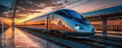 Fotografia High speed train in motion on the railway station at sunset