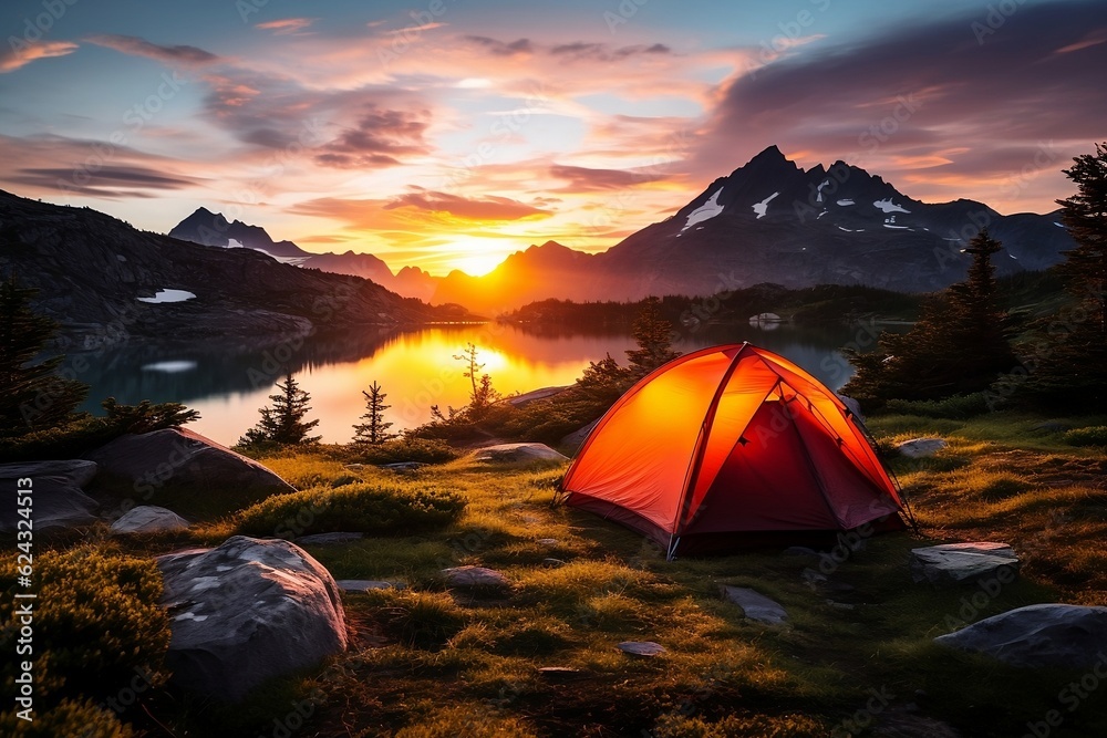 camping in the mountains at sunset. 
