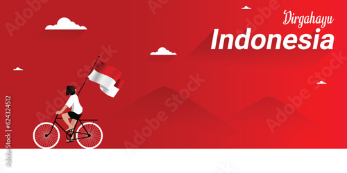 Background Template for Indonesian Independence Day August 17 with the theme of small children pedaling bicycles carrying the red and white Indonesian flag.
