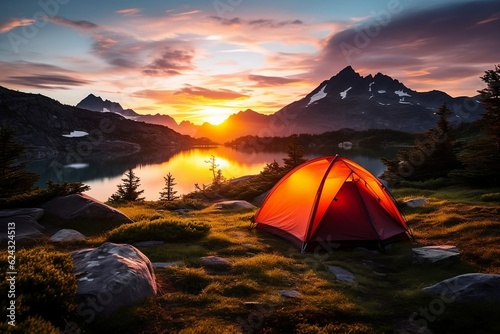 camping in the mountains at sunset. "Embrace the summer with thrilling outdoor adventures - hiking, camping, biking, and picnics in breathtaking landscapes."