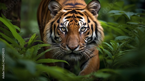 Proud Sumatran Tiger prowling towards the camera Generative AI