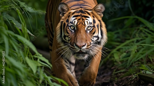 Proud Sumatran Tiger prowling towards the camera Generative AI