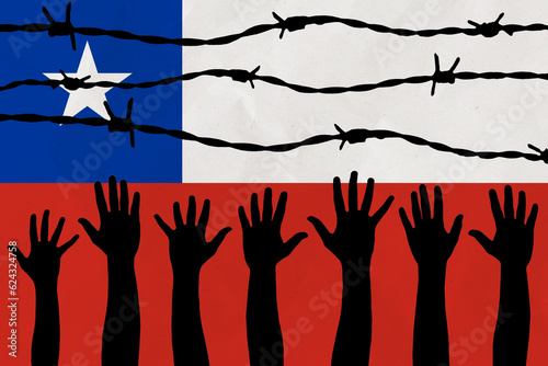 Chile flag behind barbed wire fence. Group of people hands. Freedom and propaganda concept