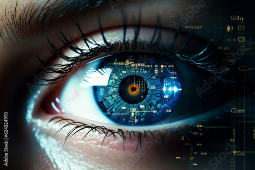 Woman vision caucasian system futuristic concept ocular science human technology eye access sensor data tech digital