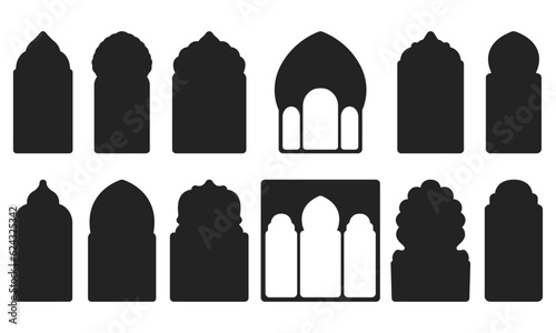 Set of shape Islamic windows on white background. Ramadan kareem silhouette icon. Arabian muslim shape arch.