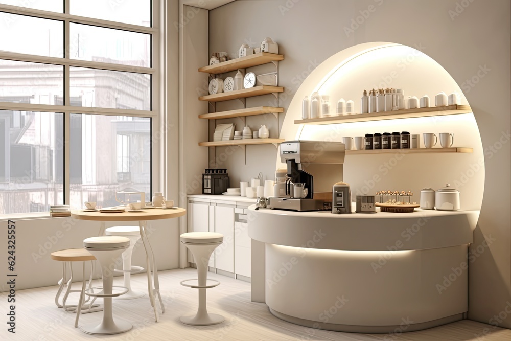 Small modern Korean style design café glossy ivory white round corner