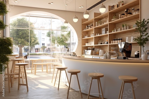Fotografia, Obraz Small modern Korean style design café  glossy ivory white round corner counter