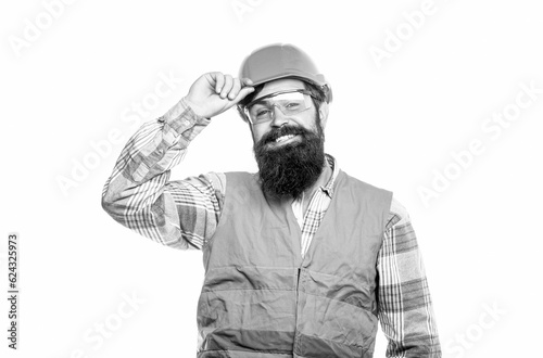Building glasses. Portrait of a builder smiling. Builder in hard hat, foreman or repairman in the helmet. Black and white