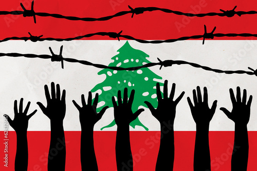 Lebanon flag behind barbed wire fence. Group of people hands. Freedom and propaganda concept