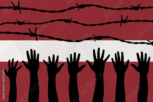 Latvia flag behind barbed wire fence. Group of people hands. Freedom and propaganda concept