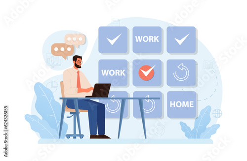 Hybrid work. Characters with a flexible schedule, working from office
