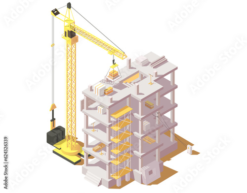 Construction site with yellow crane. Process of building multi-storey building using concrete blocks, wood. Industrial technology, machinery engineering in architecture. Isometric vector illustration