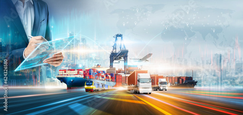 Innovation technology digital future of logistics freight transportation import export concept, Manager using tablet control online tracking cargo delivery distribution on city world map background