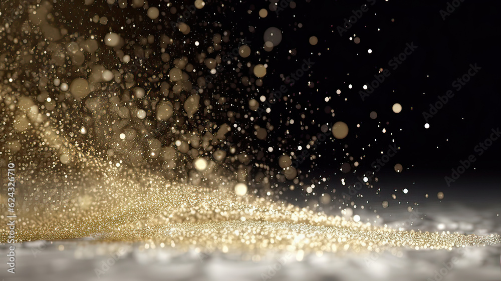 Obraz premium Sprinkle gold Platinum and silver dust on a black background in the dark,Sparkling Platinum and silver glitter powder on black background,christmas background,Sprinkle dust golden light Christmas 