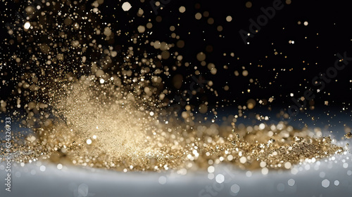 Sprinkle gold  Platinum and silver dust on a black background in the dark,Sparkling Platinum and silver  glitter powder on black background,christmas background,Sprinkle dust golden light Christmas  © Moon